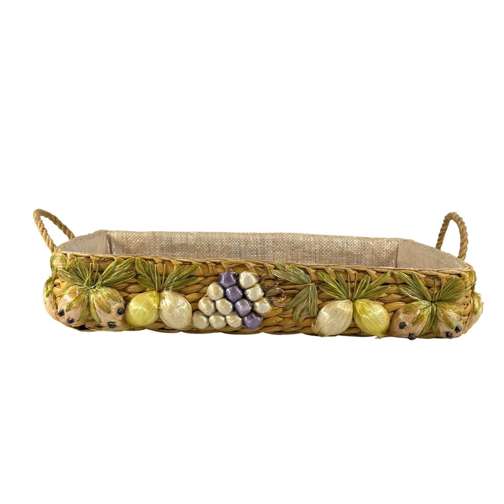 VTG Woven Straw Fruit Basket Casserole Tray Boho Cottagecore Raffia Decorative